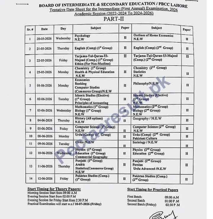 2nd year date sheet 2026 Punjab Board 