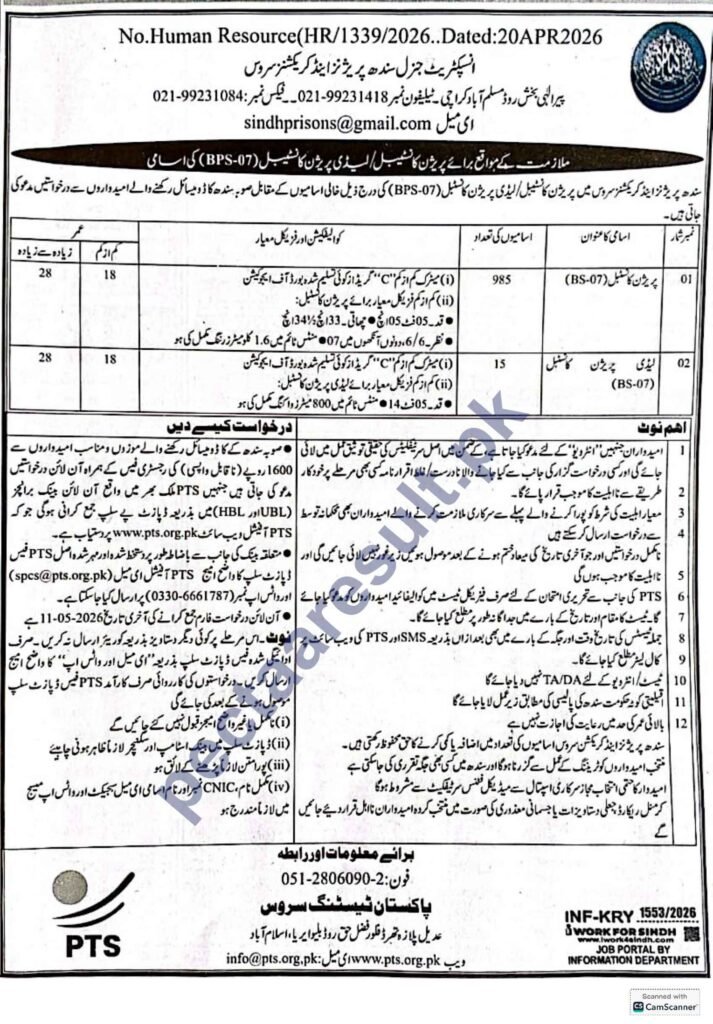  Sindh Jail Police Jobs 2026 Advertisement 