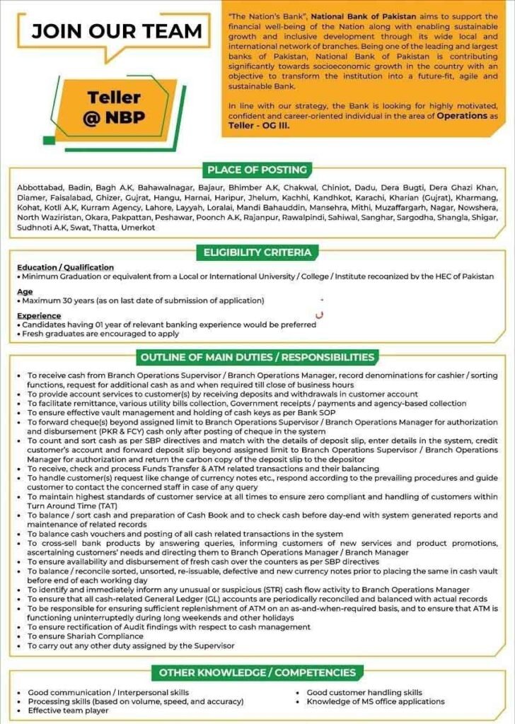 NBP Jobs 2026 advertisement Teller OG Cashier