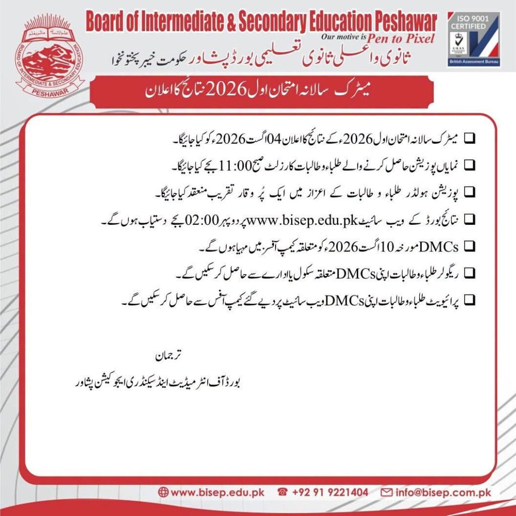 BISE Peshawar Board 10th class result Position Holder Result notification announced