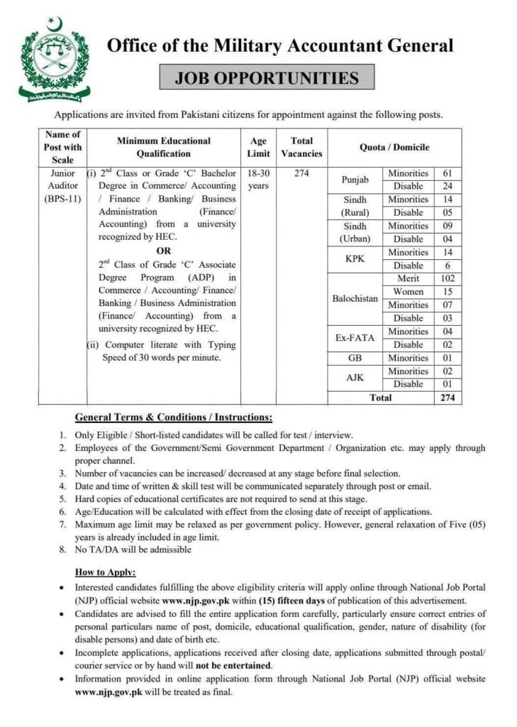 Military Accountant General Junior Auditor Jobs 2026 Advertisement
