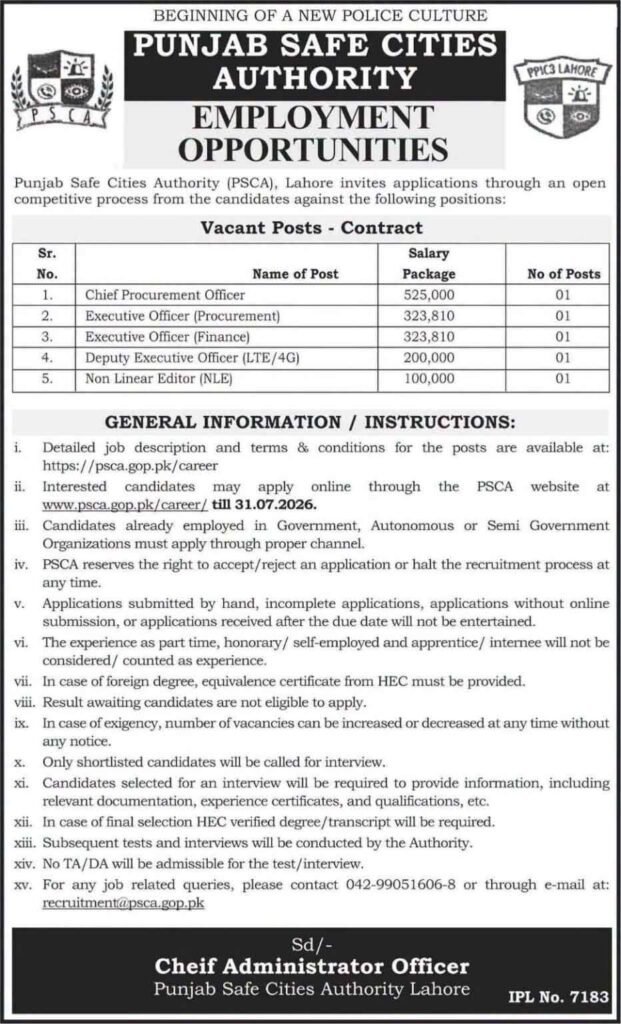 PSCA Jobs Advertisement 2026